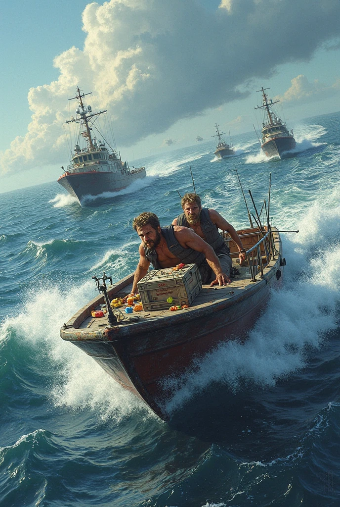 Tuna fishing boat, 8 men and 1 woman, muscular, horizontal illustration
