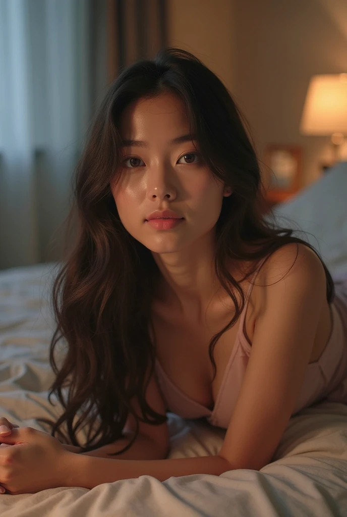 there is a woman lying on a bed with her hand on her face, posing in bed, with long hair, 18 years, asian girl with long hair, posing in a bedroom, 2 4 year old female model, in my bed, beautiful asian girl, 1 8 son, sitting on her bed, sitting in bed, good young girl