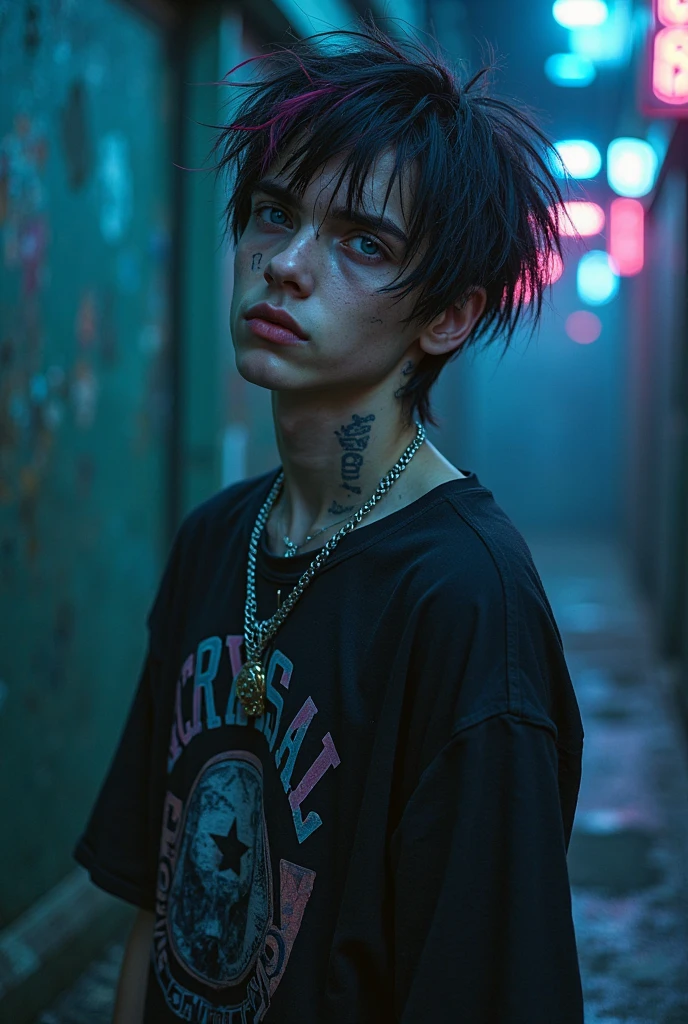 Create an intimidating and very attractive young boy. That has piercings and tattoos