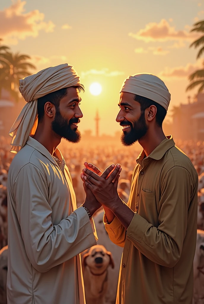 Two young men are talking to each other with their hands raised, in a market, they are both in white color punjabi pajamas and white colour turbans, it will be morning,
