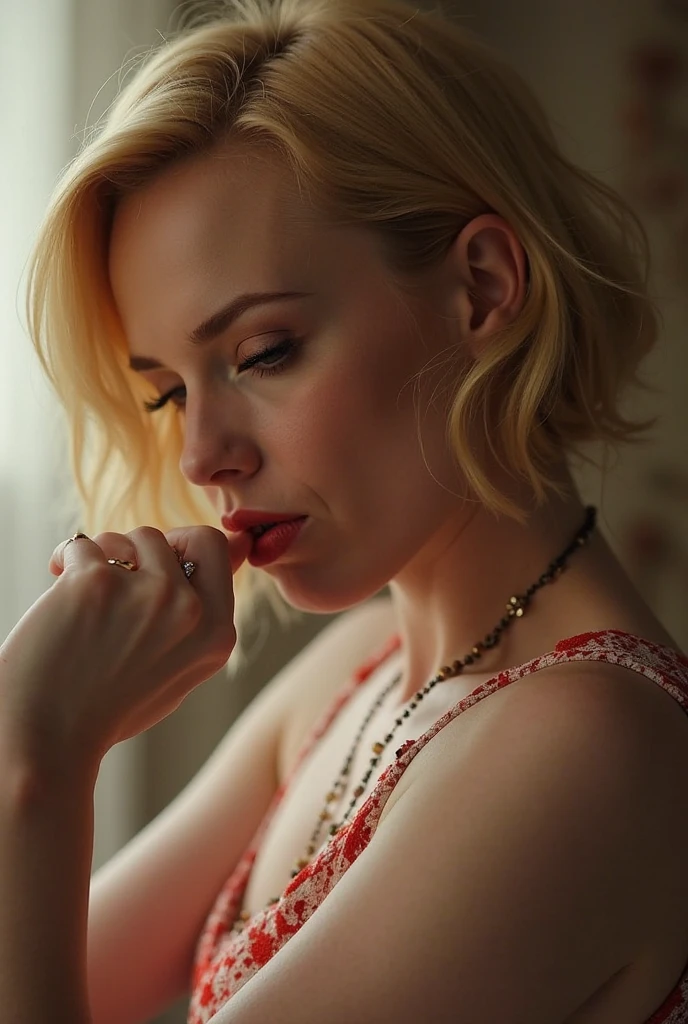 a beautiful mature woman with short blonde hair gently caressing her hair, an elegant and intellectual beauty with her mouth half open, she has a mouth that seems to drool, she frowns, her eyes closed, long eyelashes, in a state of ecstasy, sensual, the adult world, film noir, monochrome, strong shadows from side lighting, extremely detailed wrinkles on the skin, highly detailed and realistic.
