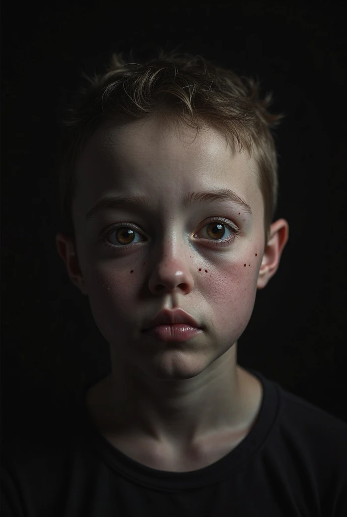 there is a young boy with a black shirt on looking at the camera, cleft chin, mildly scarred on his face, noticeable tear on the cheek, scar on the cheek, 2 years old, deformed face, scar across the nose, scar in one eye, lip scar, boy with neutral face, markings on his face, scar on face, scar across face