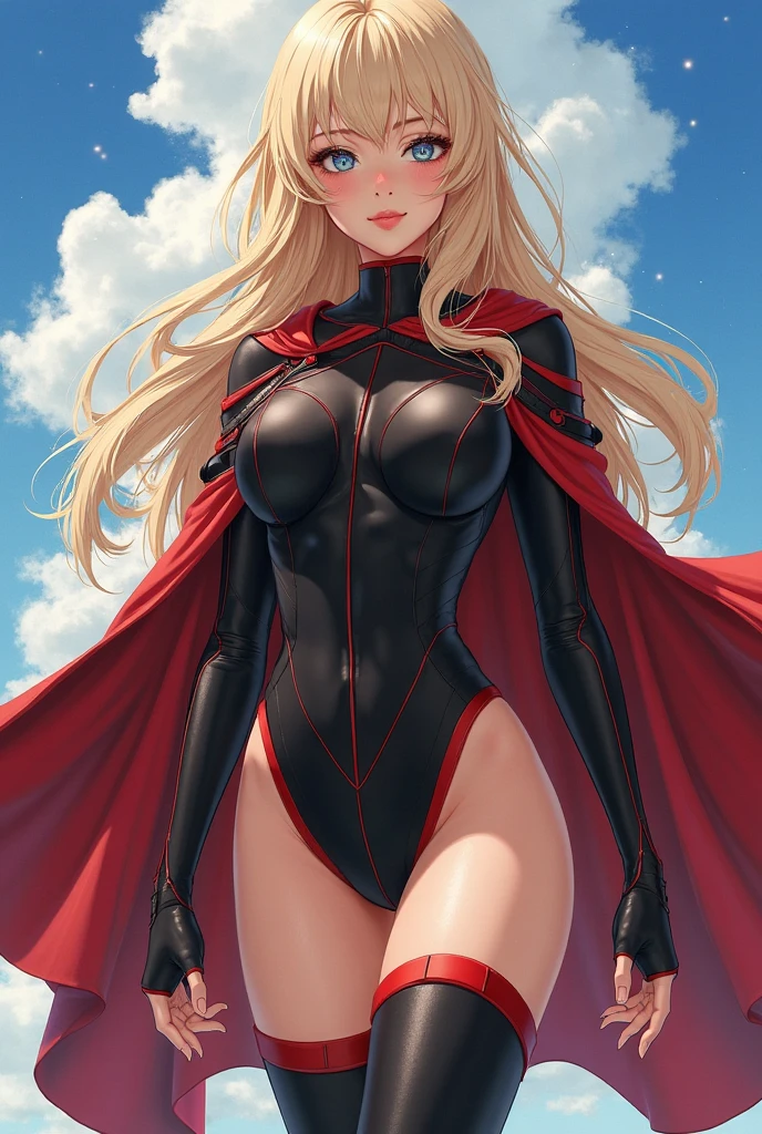 Create an image of a female version of Sanji cosplaying as Wanda Maximoff. She has perfect, captivating eyes, with the most detailed eyes, radiating power and mystery. Her hair is a striking blend of Sanji's blonde and Wanda's deep auburn, flowing with perfect waves, every strand in perfect detail. She is dressed in Wanda's iconic Scarlet Witch costume, with intricate red and black details, including the flowing cape, headpiece, and form-fitting bodysuit, all designed to emphasize her elegance and strength. The pose is powerful and mystical, with her hands glowing with magical energy, capturing Wanda's essence. The background is a swirling mix of red and dark hues, filled with magical effects, highlighting her presence. The image is in 8k quality, with perfect details, the highest quality—best image ever, perfect image.