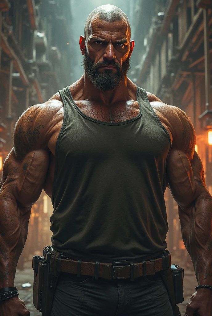 Strong muscular man, street rage, backpack, epic realism, photo, faded, complex stuff around, complex background, wet, neutral colors, ((((hdr)))), (((( muted colors)))), complex scene, artstation, intricate details, vignette