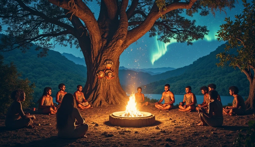 shaman, campfire, group of people around campfire, shaman's drum, mountains and river, spirits, shaman's power, solar eclipse, enlightenment, (best quality,4k,8k,highres,masterpiece:1.2),ultra-detailed,(realistic,photorealistic,photo-realistic:1.37),natural lighting,dramatic shadows,vivid colors,textured graffiti artwork,wide cityscape view,minimalist composition,atmospheric,bold,expressive,Canon EOS 5D Mark IV,EF 24-70mm f/2.8L II USM