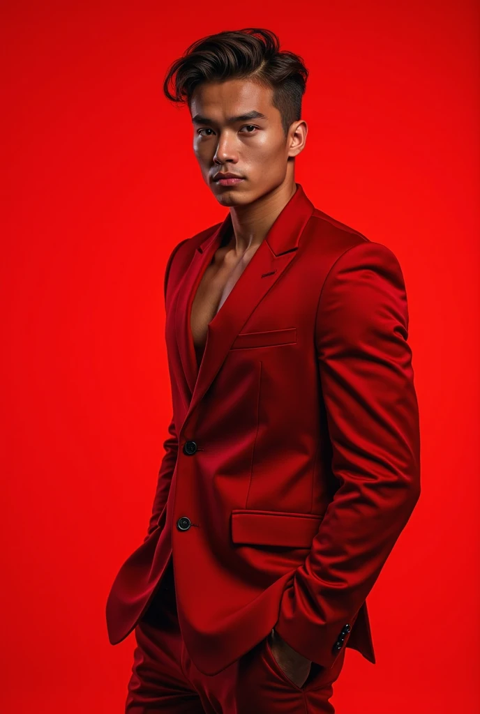 Asian man wearing a maroon suit,Anatomically correct, detailed skin, (detailed face), Very detailed and delicate eyes, Clean and shiny lips, (Very detailed:1.3), (best quality:1.3), (Masterpiece, 8K:1.3), (realistic:1.3), natural light