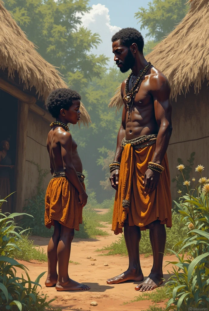 African parents working in farmer heir young boy standing seeing them