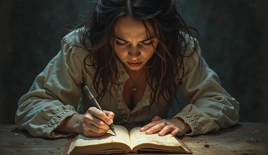 fot, A young woman poet, beautiful young woman of Hispanic descent, sitting within the shadowy confines of an old office. He is writing diligently on a piece of parchment using an ancient quill pen., the only source of light being the dim glow cast by a lone lit candle. 8 k quality, FOTO RAW, by professional photographer, rule of thirds, Extremely Detailed