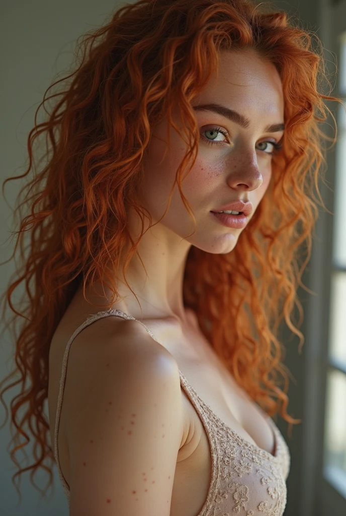 redhead woman + big, intense brown almond-shaped eyes + curly hair 3a and 3b + tight dress + Brazilian + freckles