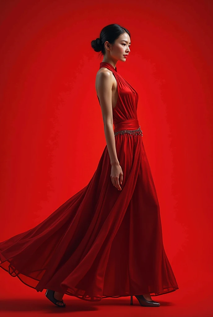 A portrait of a  dancers in a tango She has a contemplative expression, with her gaze directed towards the viewer. The woman wears a draped garment with slit on the side in shades of  red , with the fabric flowing   gracefully around her. The background is abstract, with soft, bokeh against a dark backdrop , emphasizing the subjects.  Artists: Mann, Gammell, Kley, Goldin, Gerome, Quentin Blake, DamienHirst, Hajime Sorayama, Anne Bachelier, Gibson, , Parrish .  detailed photo fujifilm provia 400x renaissance-inspired chiaroscuro, HDRI.