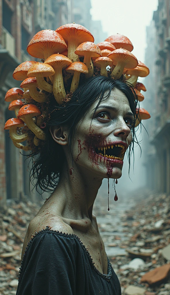 A female zombie eats broccoli, brain-shaped broccoli, brccl, ral-braynclz, very detailed, hyperrealistic