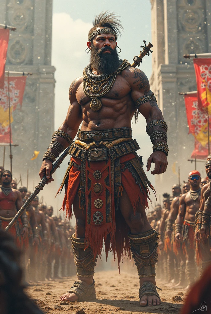 A Black Man with a fat and strong body Plump,. Strong Armed Tribal Warrior, hair with Nagô braids, Using a large War Axe, Clothes in Red Colors, white and gold, Protective bracelets, Reinforced shoulder pad. Great Warrior of Xango