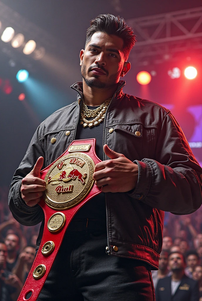 Retrato de um lutador de boxe sentado em um trono, Around the throne there are several trophies on the ground around it, cinematic, hd, vinheta, efeito de filme cinematrografico