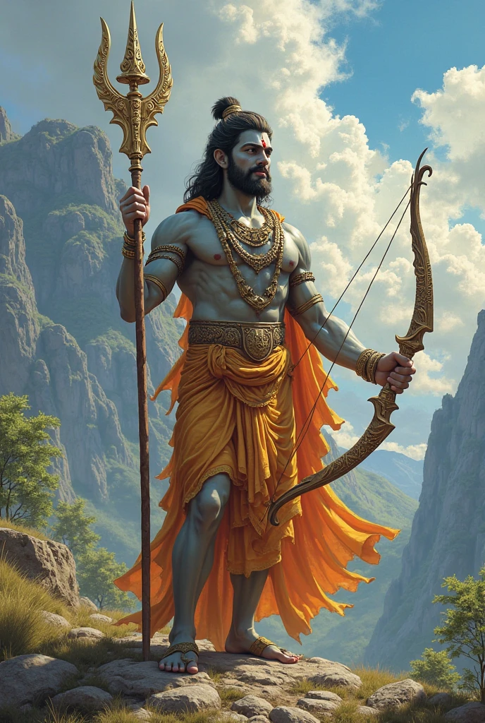 10 feet statue of guru Dhronacharya in a forest with bow and arrow in mythological theme