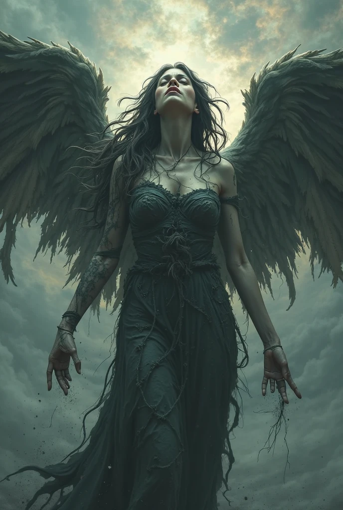 Create a realistic image in the style of Luis Royo depicting a stunning fallen female angel, tattooed, wicked, and seductive, with beautiful, enormous, and alluring wings. She has long, flowing hair, gently swaying in the air. The angel is wounded, unable to stand on one leg, and is fallen to the ground in the midst of a post-apocalyptic city in ruins. The background should portray a smoky, foggy, and dilapidated cityscape. The image should resemble a photograph, and the atmosphere should evoke a sense of chaos and despair