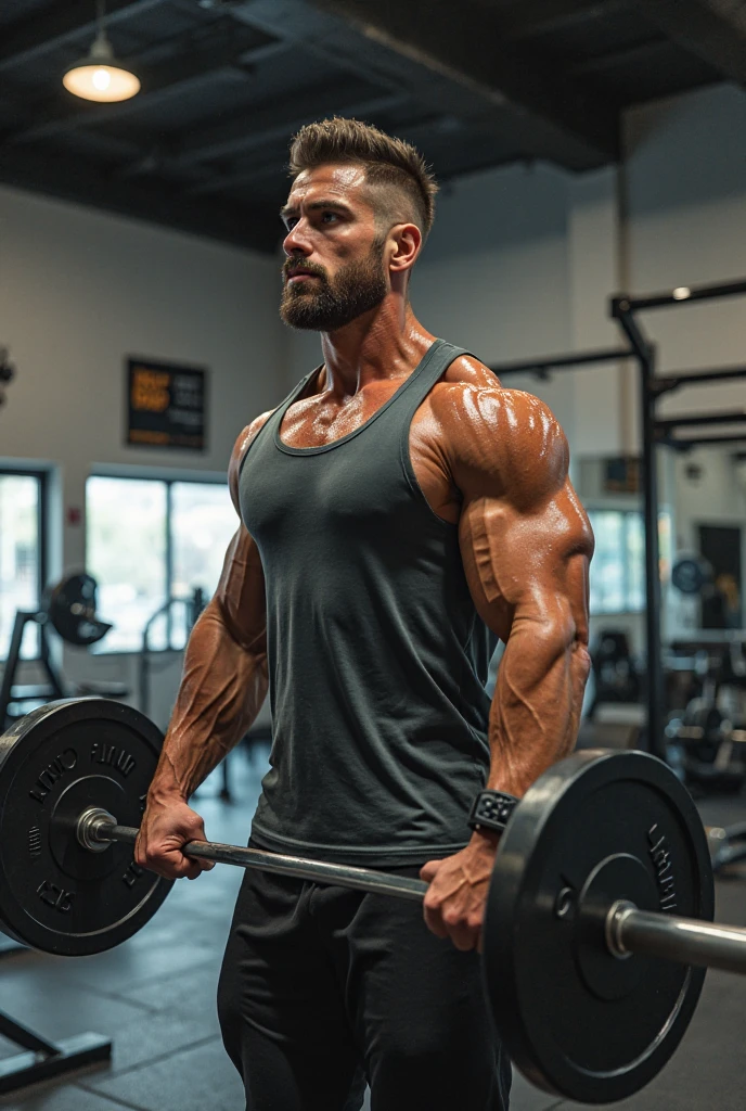A muscular man wearing a blue tank top holding a barbell over his head