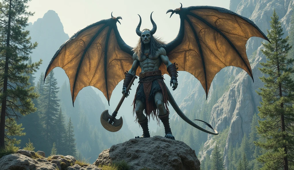 pale white angry male demon big horns, wings and a great axe, and has rock skin