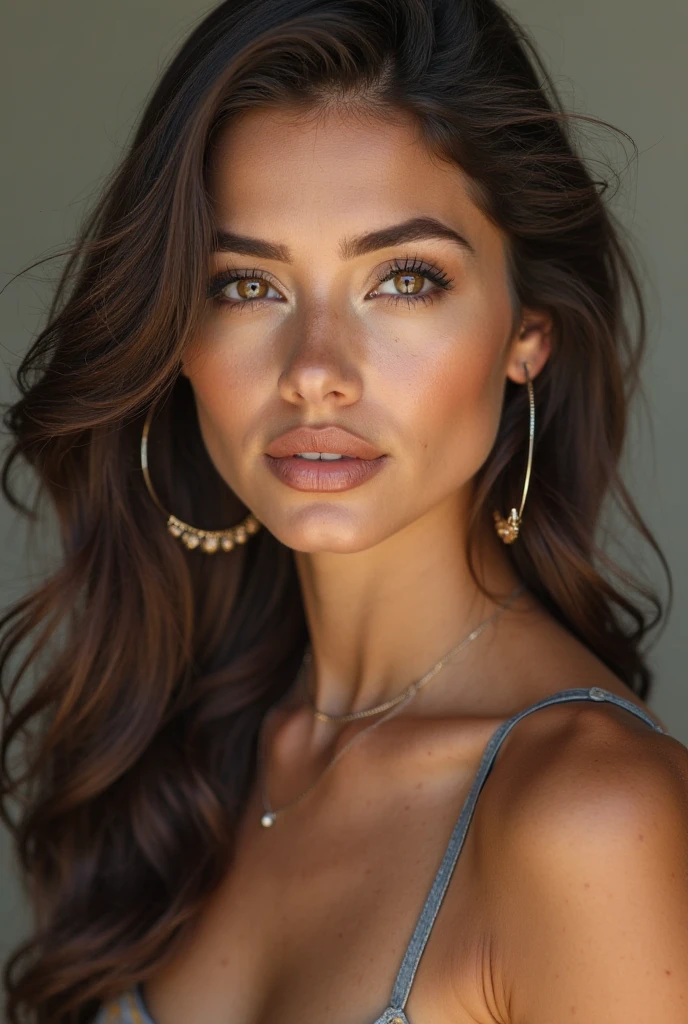 photograph of a stunning girl, wearing a low-cut top, (((very heavy bust))), wavy hair, sits in front of beautiful landscapes, looks at the camera, symmetrical eyes, symmetrical face, photorealistic, photography, specular lighting , volumetric facial light, path traced hair, visible shadows, intricate, elaborate, hyper realistic