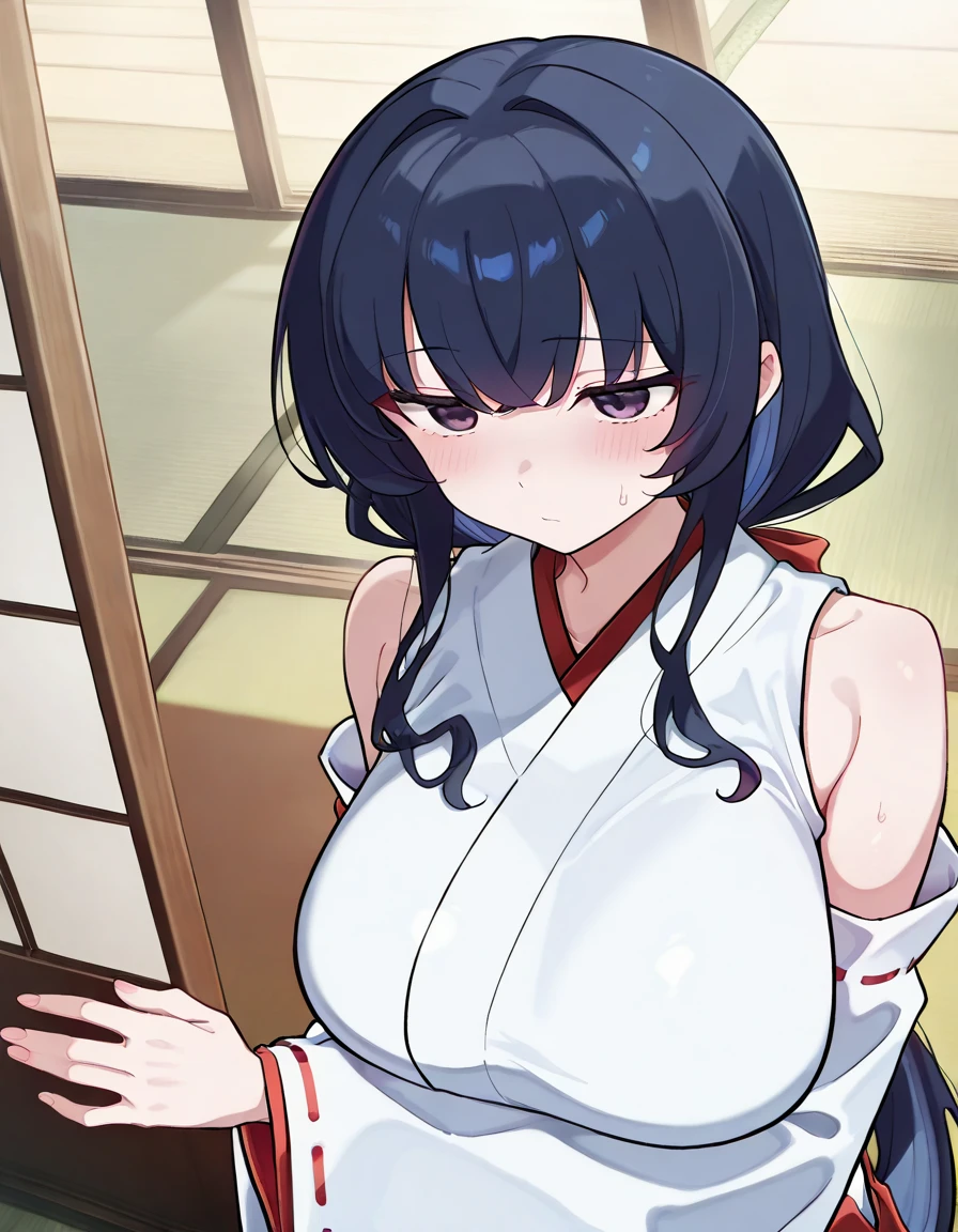 megumin(konosuba),aqua(konosuba),2girl,open mouth,yukata,super huge breasts,looking at viewer,Taken from the viewpoint above,upturned eyes,near,standing up,Lined up,ryokan,in room