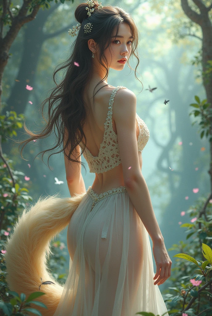 check_9, check_8_up, check_7_up, rating_questionable, rear, side, Front, cat girl, kawaii, Cute, , Grab, wild, translucent, luminous, Dark, forests, rays, well done, clean, g0th1cPXL, neon, masterpiece, Best quality, very detailed, realistic 