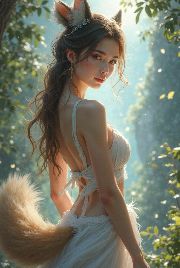 Rabbit beautiful woman、Natural clothes、Detailed eyes、pretty hair、thirds rule、200mm 1.4F Macro Shot、(natural skin textures、Hyper-Realism、Soft light、sharp:1.2)、(intricate-detail:1.12)、nffsw、(intricate-detail、ultra-detailliert:1.15)、the woods、The tree々Add depth to the screen with a backlight effect with sunlight penetrating in between、Foggy、Fantastic atmosphere、Art by Greg Rutkowski and ArtGerm、Soft Cinematic Lights、adobe lightroom、Photolab、nffsw、Convoluted、ighly detailed、(depth of fields:1.4)