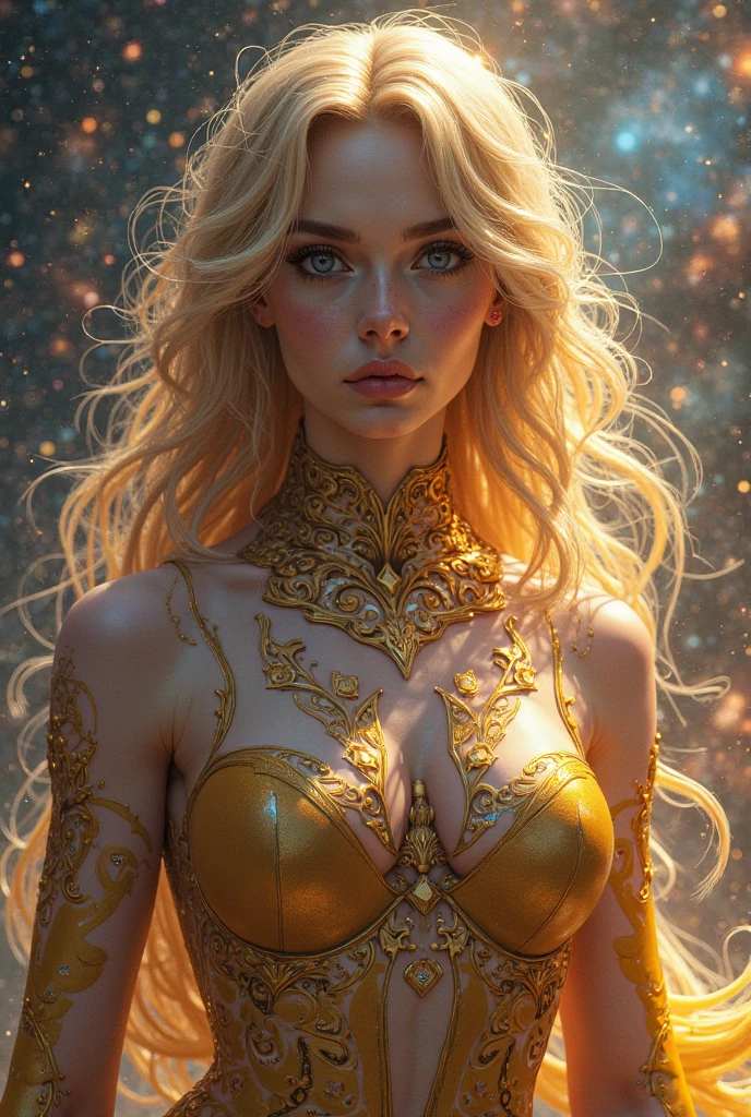 a beautiful blonde hair woman in sexy revealing fabric, full body, nude hips, looking at viewer, symmetric, slight smile, spirtual awakening, cosmic, ethereal, mystical, complicated environment, brush stokes, illuminating lights, Greg Rutkowski, RHADS, Beeple, Makoto Shinkai, Lois van Baarle, Ilya Kuvshinov, Rossdraws, Tom Bagshaw, Alfonse Mucha, masterpiece, ultra high res, high quality, 