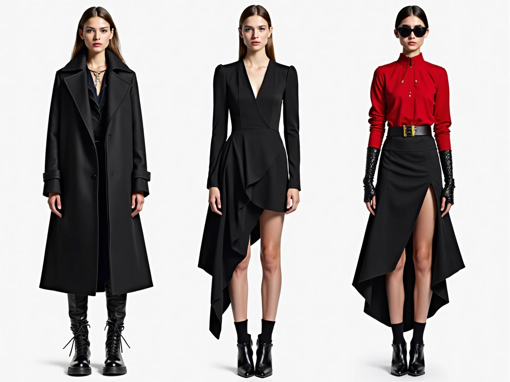 A realistic image of a loose-fitting dress without a belt in solid black color, knee-length with an A-line profile. It features a crisp pointed collar with white trim, elbow-length sleeves with a slight flare, and a gently gathered skirt for a relaxed silhouette. The dress uses a smooth, lightweight fabric with a discreet back zipper closure, maintaining a neat, unembellished look. The collar and sleeve hems are adorned with white piping to accentuate the design. --no woman, man, head, hand --chaos 40 --style raw --stylize 0