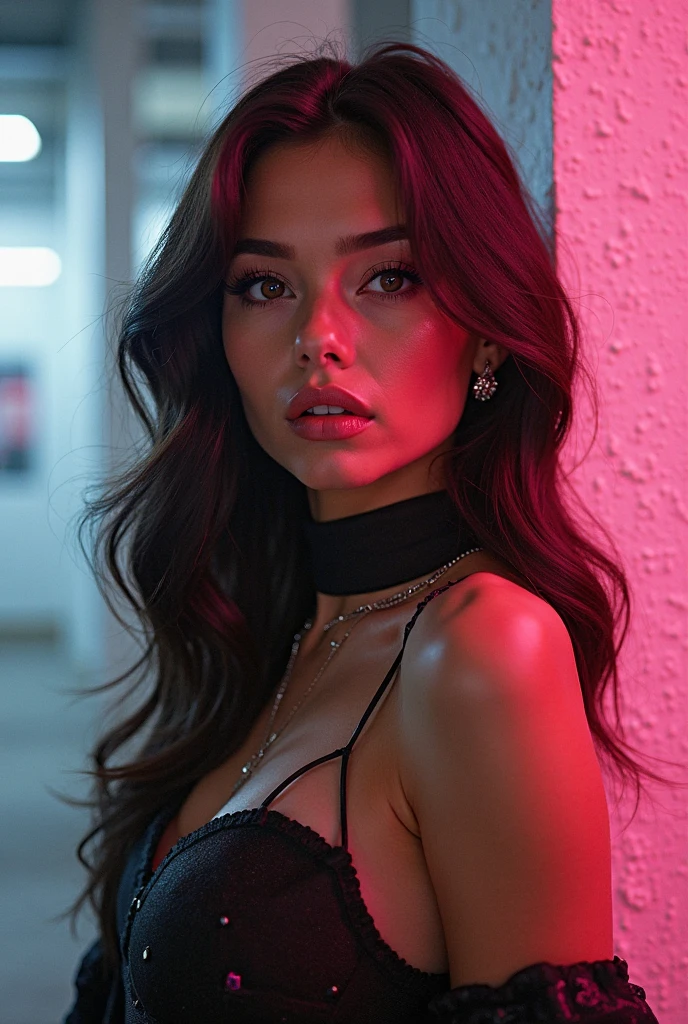 Hyper realistic Professional full body portrait, (1 girl:1.1) an incredibly beautiful, bright, long dark haired young woman,, Long curly hair, hyper detailed and perfect, detailed eyes, perfect face, dark makeup ultra detailed, extemly detailed and perfect face, face, neon background with cinematic photo,, Neon lights, sunset, reflective puddles, science fiction, 85mm photography, film, bokeh, Professional, 4k, highly detailed