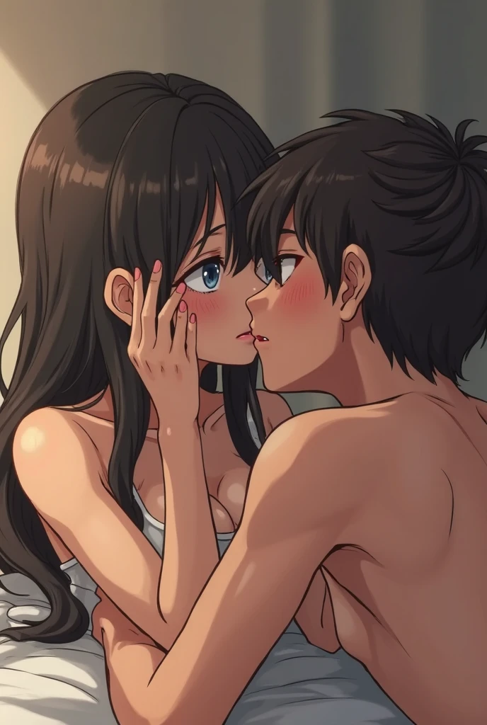 Makoto Shinkai, Kimi No Na Wa.,1male, Buzzcut, naked, passionate, kiss, deep kiss, 1 woman, forehead, black hair, brown eyes, dehisce, long hair, face to face, chest, inside, house, bed, bed 위, masterpiece, complete anatomy, upper body, spread your legs, thigh exposure, Pussy Hair, lots of pussy hair, hip, medium hips, medium breasts, sweat, be wet with sweat, wet skin, beautiful nipples, abundant pussy hair, All nude, pubic hair, anxious expression, blushing face, A shy expression, cowboy shot