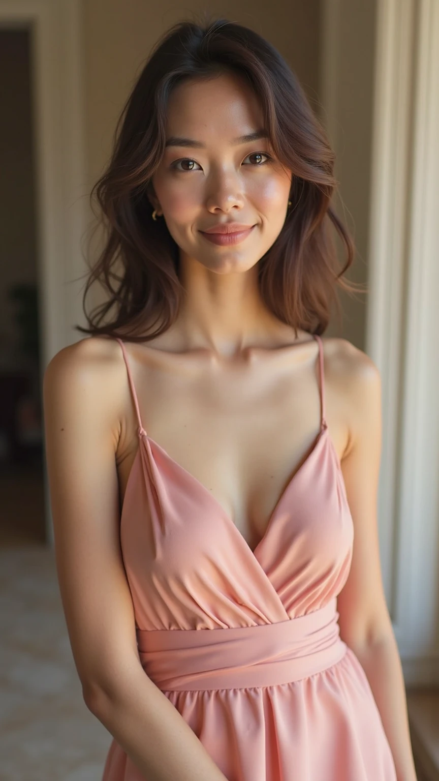 ((A man)) strong and handsome, wrapped in a towel without clothes on, opens the door of his room to receive an attractive woman with large breasts in her early twenties. The woman is wearing a short dress and a jacket. She is smiling and looking at the man. The room is dimly lit, shadowy, mysterious