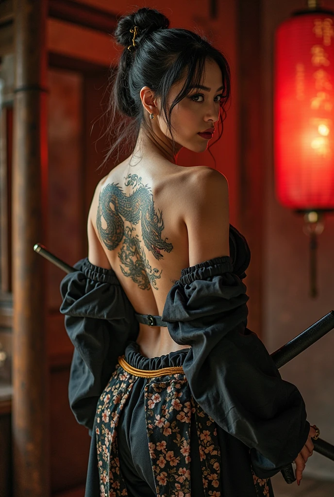 a beautiful Asian woman with long hair in a bun with a silver hairpin, wearing a very seductive wild Japanese yakuza costume, a very detailed black dragon tattoo on her back, wrists neatly wrapped in black cloth, standing with her back to with her face turned to the right smiling, the beautiful eyes of a woman who has green eyes, hugging a katana, tattoos on her arms, tucked into her waist is a katana, with a katana sheath made of steel with a silver coating with beautiful and intricate carvings, background behind a dark wall with a little dim light, very realistic, cinematic, photographic