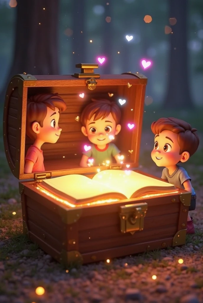Children praying around a chest with a heart inside tied with chains 