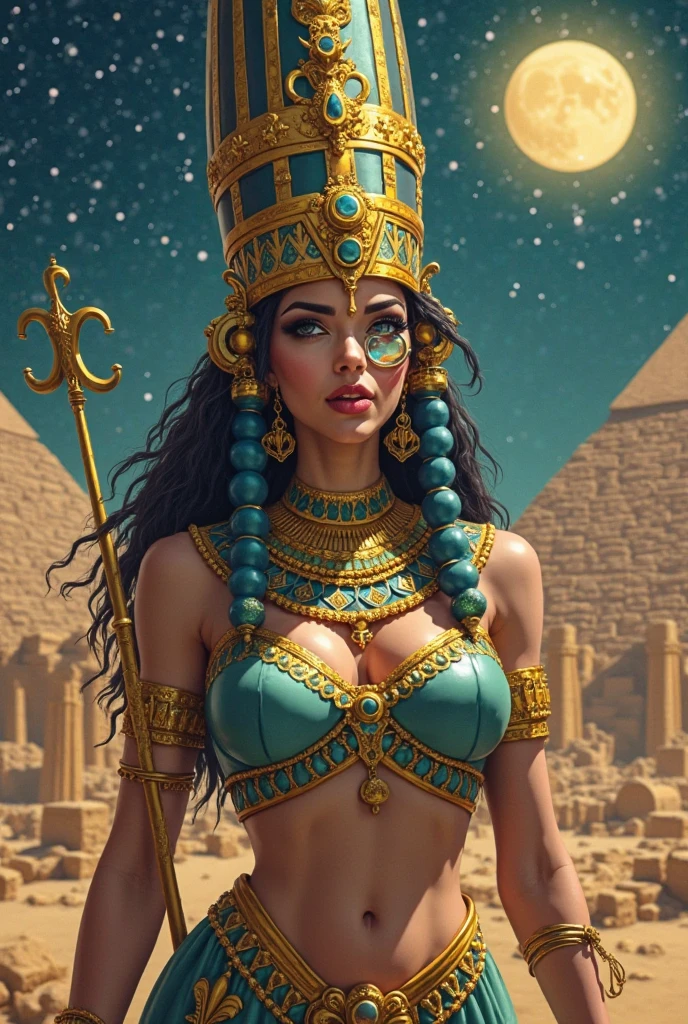The image shows a woman dressed as an Egyptian queen, exuding power and confidence with a cigarette in her hand.
The image depicts a woman with dark hair, adorned in a golden headdress with elaborate wings and a large golden jewel on top. She wears a golden bra, a thick gold necklace, and golden bracelets on both wrists, all of which accentuate her curves and create a sense of regality. Her skin is tanned and glossy, adding to the overall impression of luxury and opulence.
Her lips are painted a vibrant red, and she stares intensely into the distance, seemingly unfazed by the smoke billowing from the cigarette she holds in her left hand. The background is a dramatic sunset sky, with silhouetted mountains in the distance, creating a sense of grandeur and mystery. The overall atmosphere is one of power, confidence, and sensuality. This image evokes a sense of empowerment and control, and it could be interpreted as a celebration of female strength and individuality.