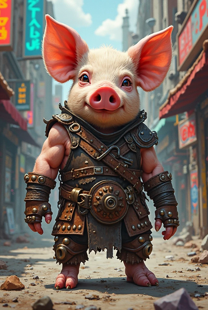 humanoid strong pig with a scared small japanese dragon on a harness, manga style