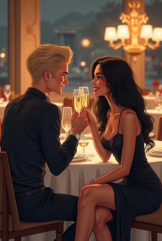 A couple at a restaurant table having dinner, they are laughing and happy, the woman has very short white hair and violet eyes, the man has black hair and wears a black dress shirt 