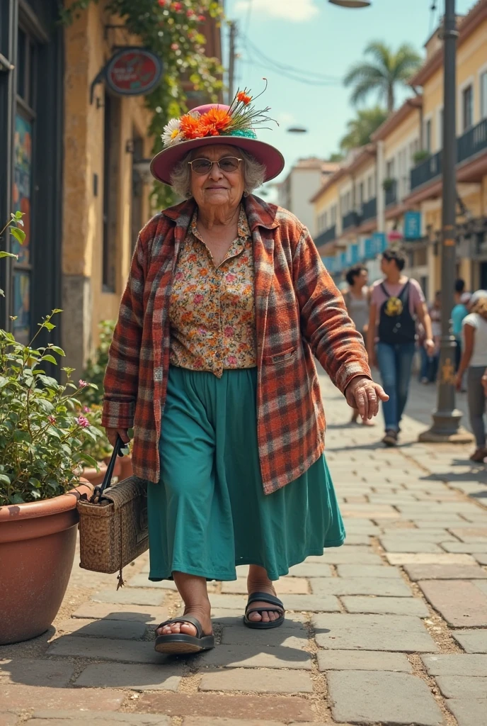 Raising an elderly woman with Latin characteristics, Brazil, wearing very simple clothes and walking down a narrow street, from a colonial style city of Brazil, Ouro Preto, with a church in the background --auto --s2