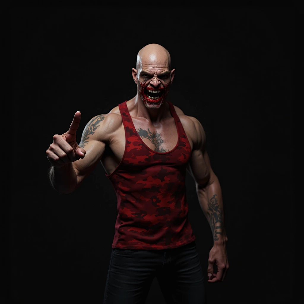 Man.
30 years old
Is tall.
Has dark hair.
Has an extremely attractive appearance, with an otherworldly look.
Has a lean and muscular build.
Has a pair of intense crimson eyes.
Has very sharp fangs and claws.
Naked.
A smug smile on his face