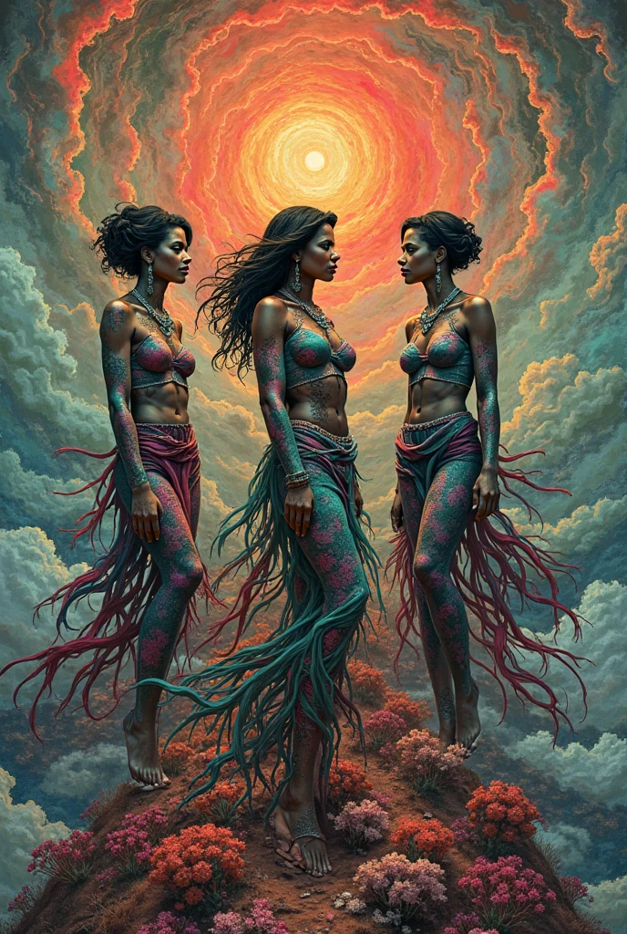 Surreal psychedelic artwork、Three very beautiful young women with body paint laughing、?????? atmosphere、(Highest quality、4k、8k、High resolution、masterpiece:1.2)、Super detailed、(Real、Photorealistic、Photorealistic:1.37)、Super detailedな顔、Intricate details、Bright colors、Dramatic lighting、Dreamy and surreal setting、Ethereal atmosphere、Sensual pose、High Fashion Lingerie、Shiny skin、long flowing hair、Captivating look