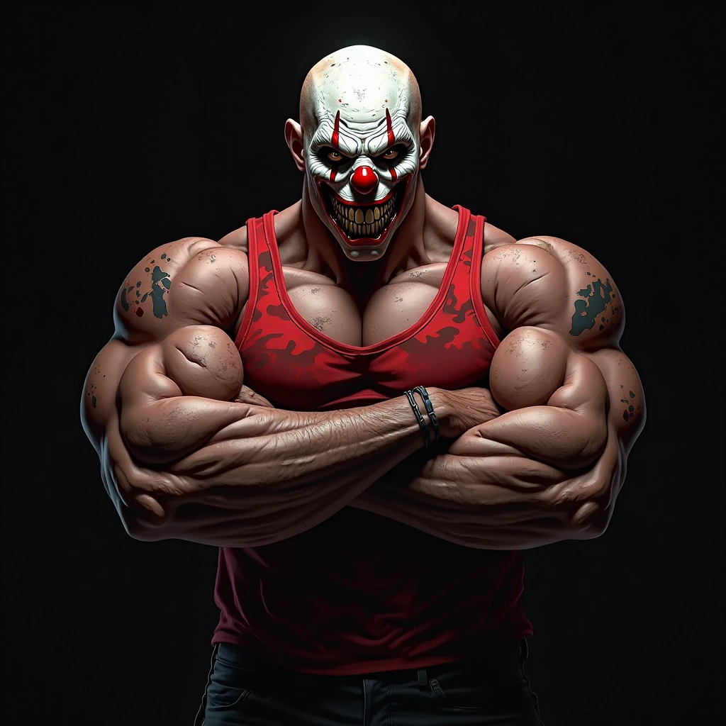 Muscular man dressed as Pennywise without shirt. The background is a dark forest.