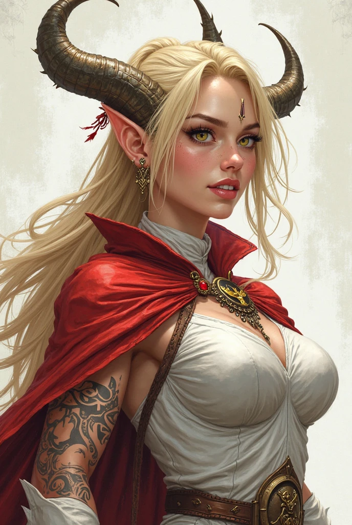 A blonde elf with an undercut haircut and long ears and extremely muscular, a warrior with huge muscles, white clothes she wears an imperial uniform showing her strength of the white color, your corneas eyes are of a flaming dragon, undercut haircut on the shaved part of the hair with a dragon design, She has horns that come out from behind her skull and go forward like a crown., has clenched teeth, She wears a giant red cape with a high collar and is very flashy., His muscular arms show prominent veins, highlighting his physical strength., Maori tattoos up to the forearm, has claws instead of nails, is laughing with his mouth open in a villainous pose. Extremely muscular woman. Art drawing Cartoon 2D. Size 1920x1080