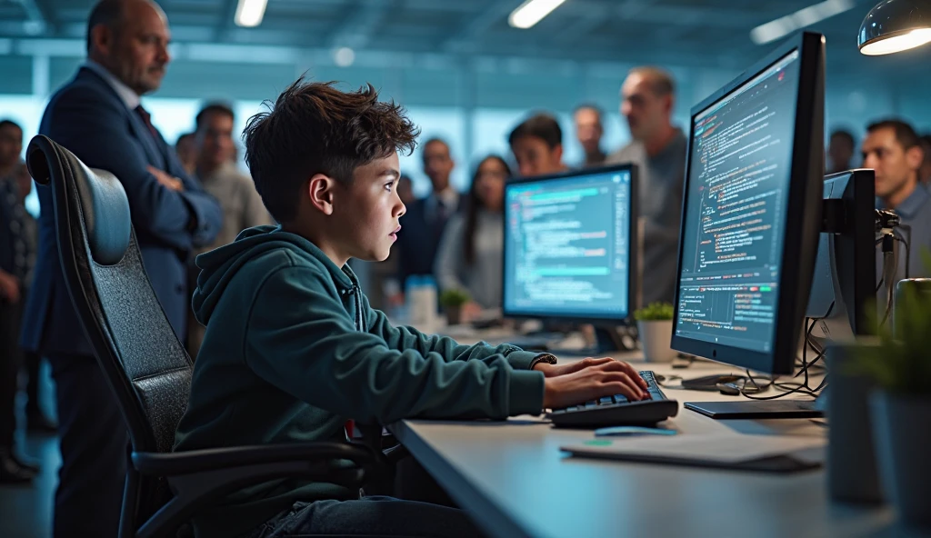 A scientific boys front of the computer setting in chair