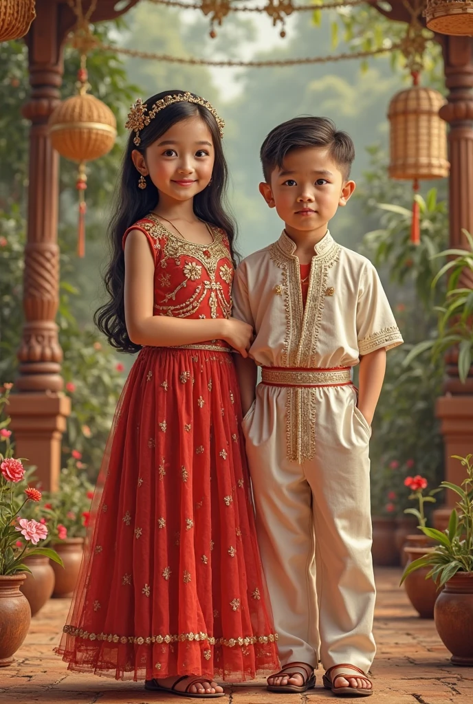An indian boy wear full sleeve deep blue genji with jeans and sitting with a indian girl who wear white jacket with red muffler and mountain brackground and both looking at the camera
But the full picture must be original not cartoon