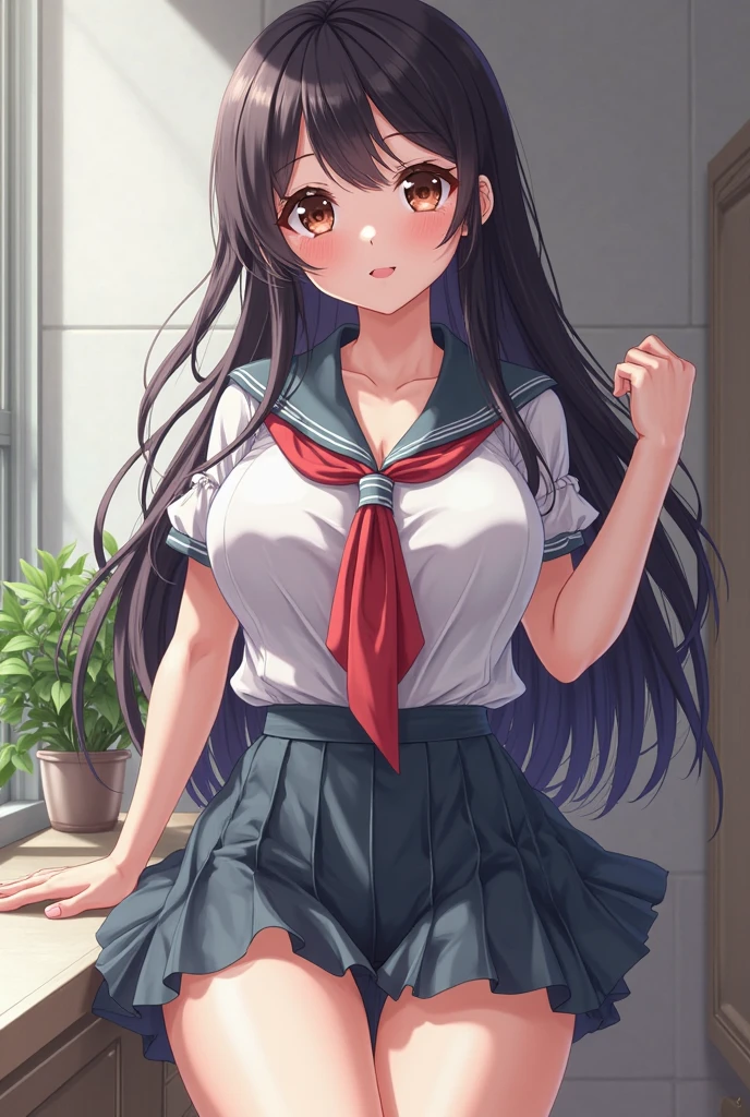 Japan Student Swimsuit, navy blue, One Piece Swimsuit, A dark-haired, huge tit, nudde, Black stockings, nsfw, femele