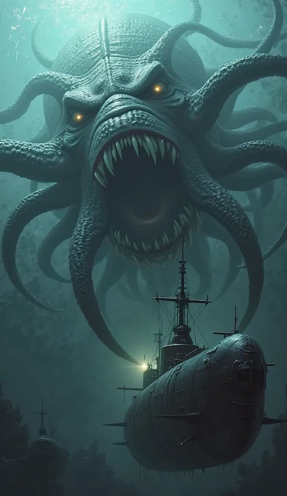 (HP Lovecraft Monster attacks trawling boat), fierce storm raging, chaotic waves crashing, dim lantern light flickering, creating eerie shadows, subsurface scattering