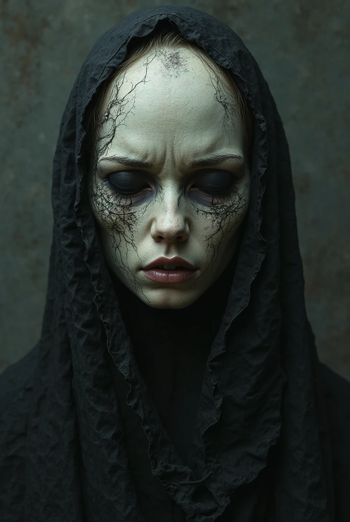 Photographic still of an malay girl in hijab, translucent skin, teeth dripping,, veins showing beneath it's skin, dark, onimous