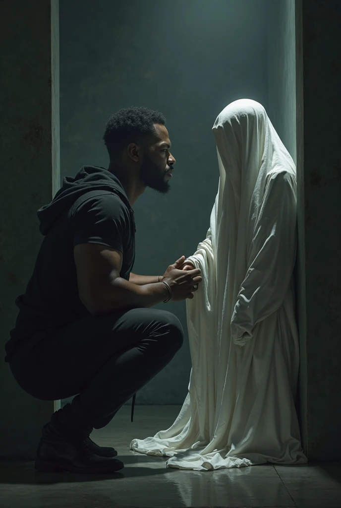 a black man in a white shirt opening a wooden door with souls behind him 