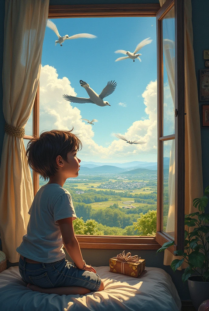 a boy remembered 2019 in a clander baground room window open glass outside beautiful gerdent and bird flying on sky 

