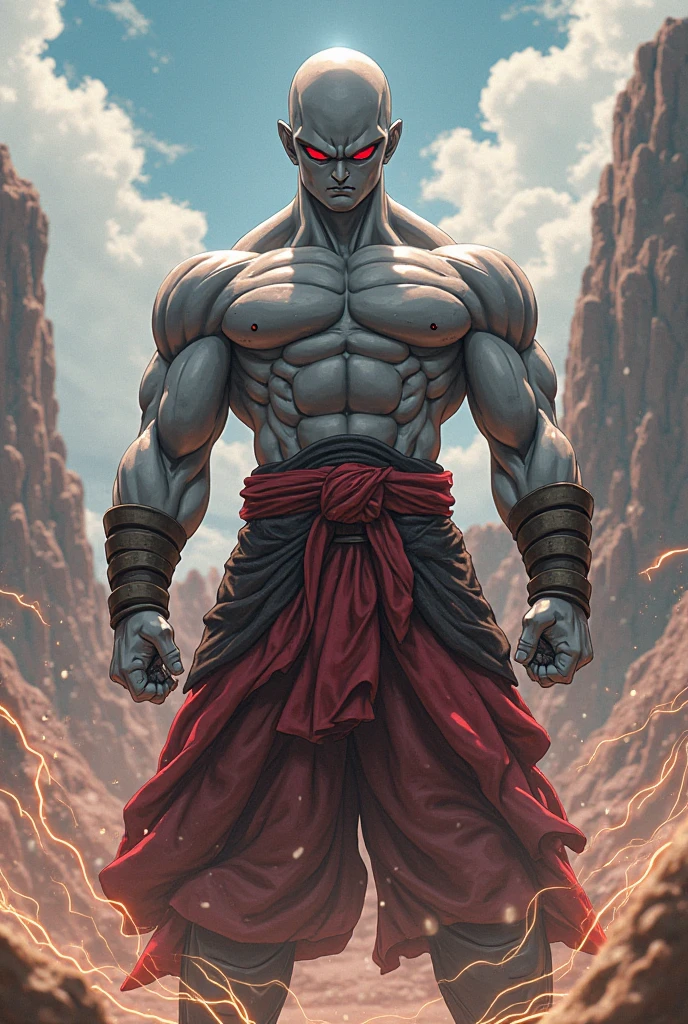D&D, Goliath, monk, grey skin, yellow eyes, tribal tattoos, bald, muscular, athletic, red meditation bead necklace, rope tied in arms, scars, anime style