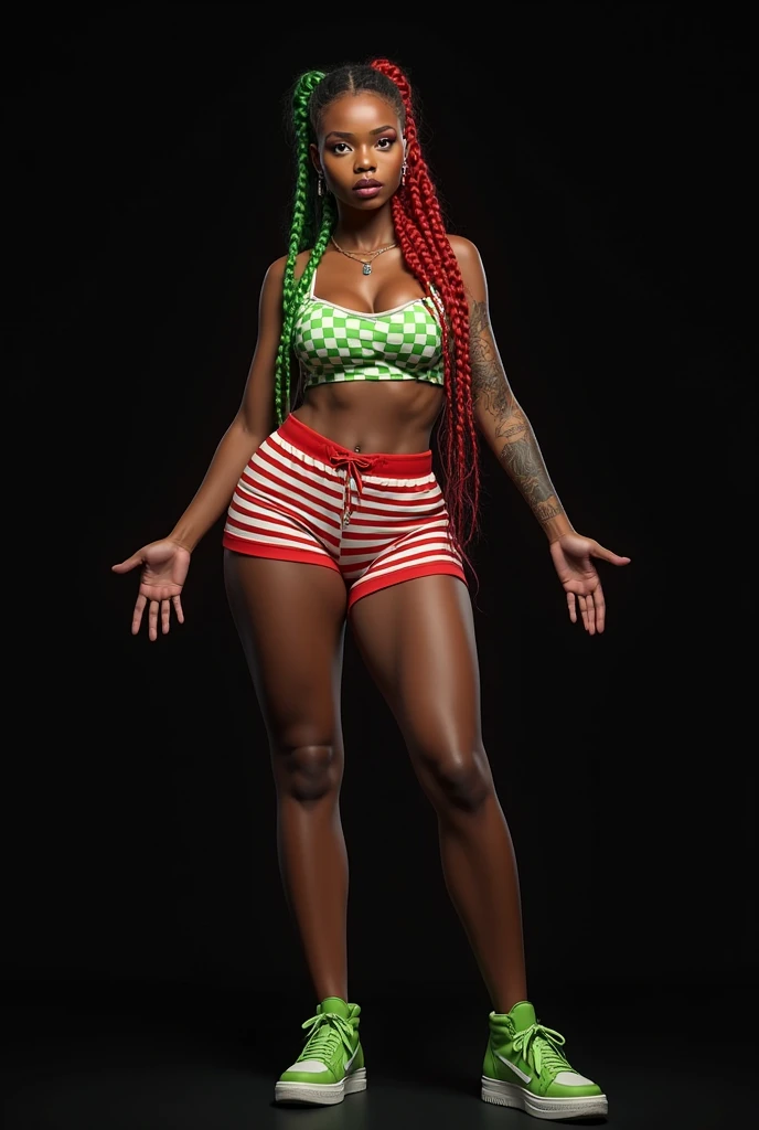 ((1girl, solo ,alone, long hair, green hair, yellow eyes, hair covering one eye, woman, (one hand on her hip) , dynamic pose, muscular female, gold bracelets, ruby earrings)), fitness, ((solo, (1woman, pink lipstick), Extremely detailed, ambient soft lighting, 4k, perfect eyes, a perfect face, perfect lighting, a 1girl)), ((fitness, , shapely body, athletic body, toned body)), ((black shirt, black blouse, striped skirt, high heels, beige armchair, gold jewelry, amethyst bracelets, amethyst necklace, amethyst earrings, beige throne, sitting, legs crossed, shy smile))