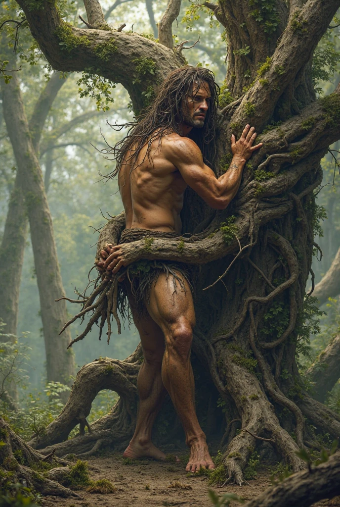 Full-body image, 8K, A masterpiece, the most detailed, the highest quality, the perfect look. too realistic oil, create fit, man, tan, muscle, bouncing, naked, gray wolf, (long hair:1.3), dark theme, dense forest, full moon, night, dark,